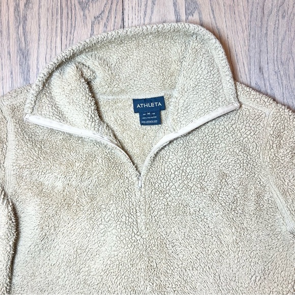 Athleta Women’s Camel Sherpa 1/4 Zip Pullover Fuzzy Warm Sweater Size Medium - Picture 9 of 15